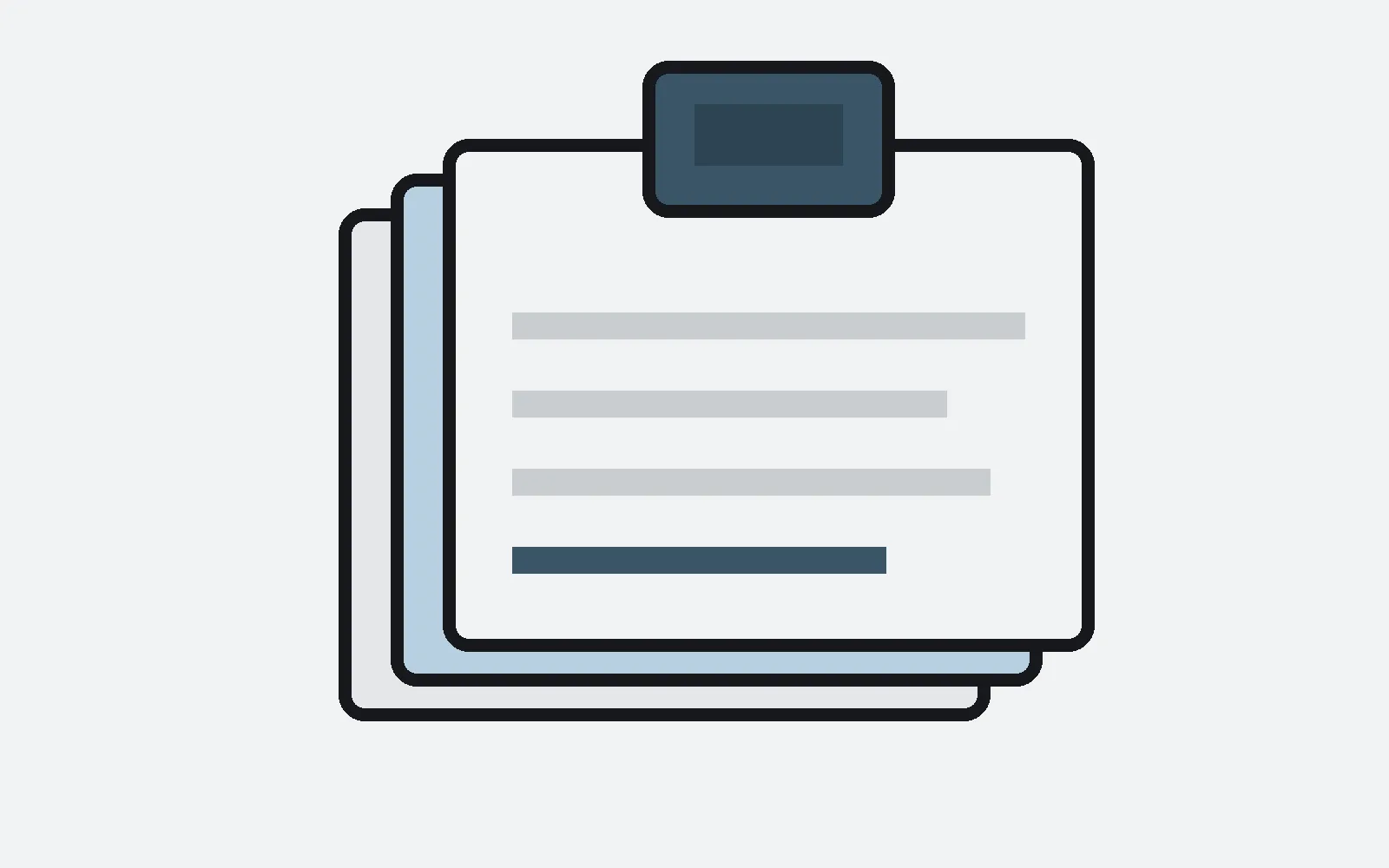 Abstract stack-clip mark with three paper sheets and an umber clip on cool gray paper.
